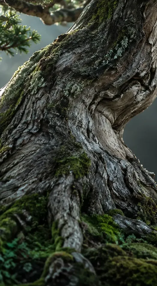 Casca envelhecida de um tronco de bonsai, sulcos profundos sob luz rasante.