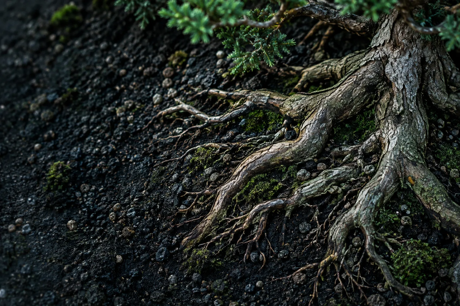 Raízes de bonsai vistas de cima, espalhadas sobre o substrato escuro.